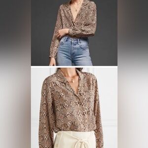 Anine Bing 100% Silk Brown Snakeskin Print Button Up Long-sleeve